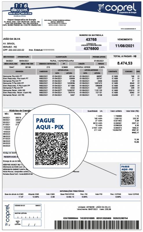 Fatura de energia da Coprel com PIX